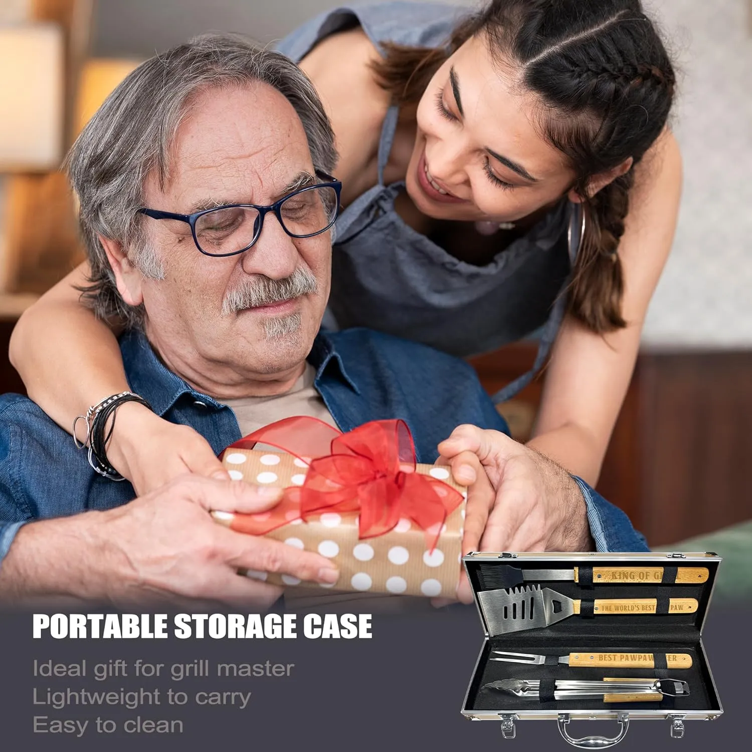 Paw Paw Gifts, Fathers Day Pawpaw Gifts from Grandkids Heavy Duty Wooden BBQ Grilling Accessories Kit for Backyard, Thick Stainless Steel Grill Utensils with Non-Slip Handle Tools in Portable Bag