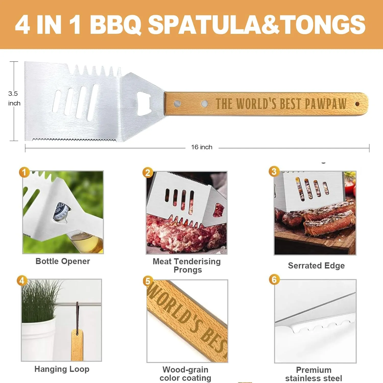 Paw Paw Gifts, Fathers Day Pawpaw Gifts from Grandkids Heavy Duty Wooden BBQ Grilling Accessories Kit for Backyard, Thick Stainless Steel Grill Utensils with Non-Slip Handle Tools in Portable Bag