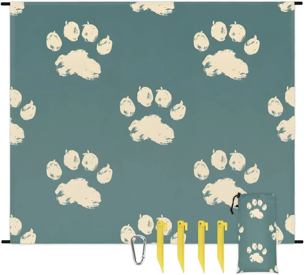Pawprint Animal Paw Beach Blanket, Sandproof Beach Mat, 68 x 59 Waterproof Quick Drying Sand Free Mat with 4 x Ground Spikes for Outdoor Travel Camping Hiking, Dog Paws