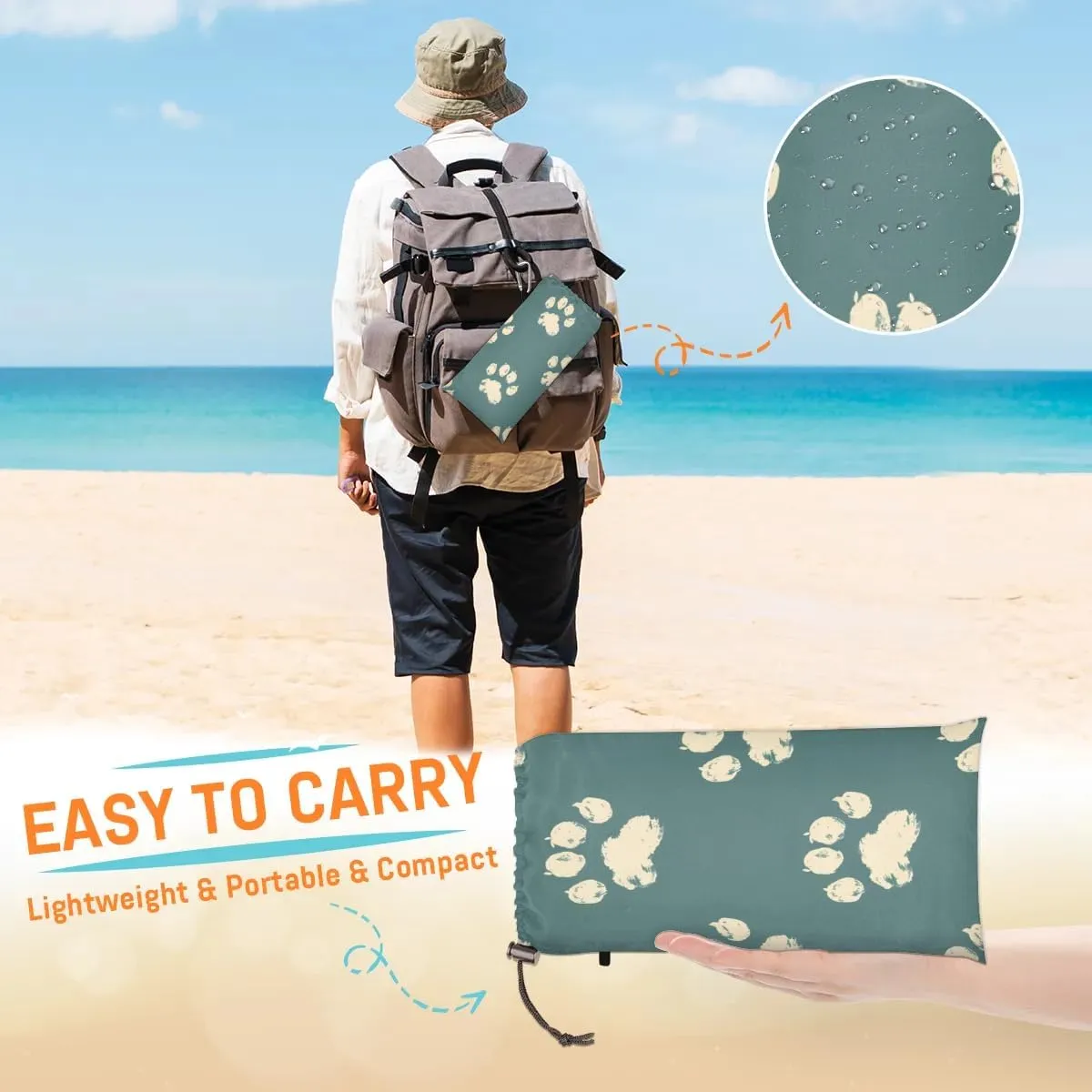 Pawprint Animal Paw Beach Blanket, Sandproof Beach Mat, 68 x 59 Waterproof Quick Drying Sand Free Mat with 4 x Ground Spikes for Outdoor Travel Camping Hiking, Dog Paws