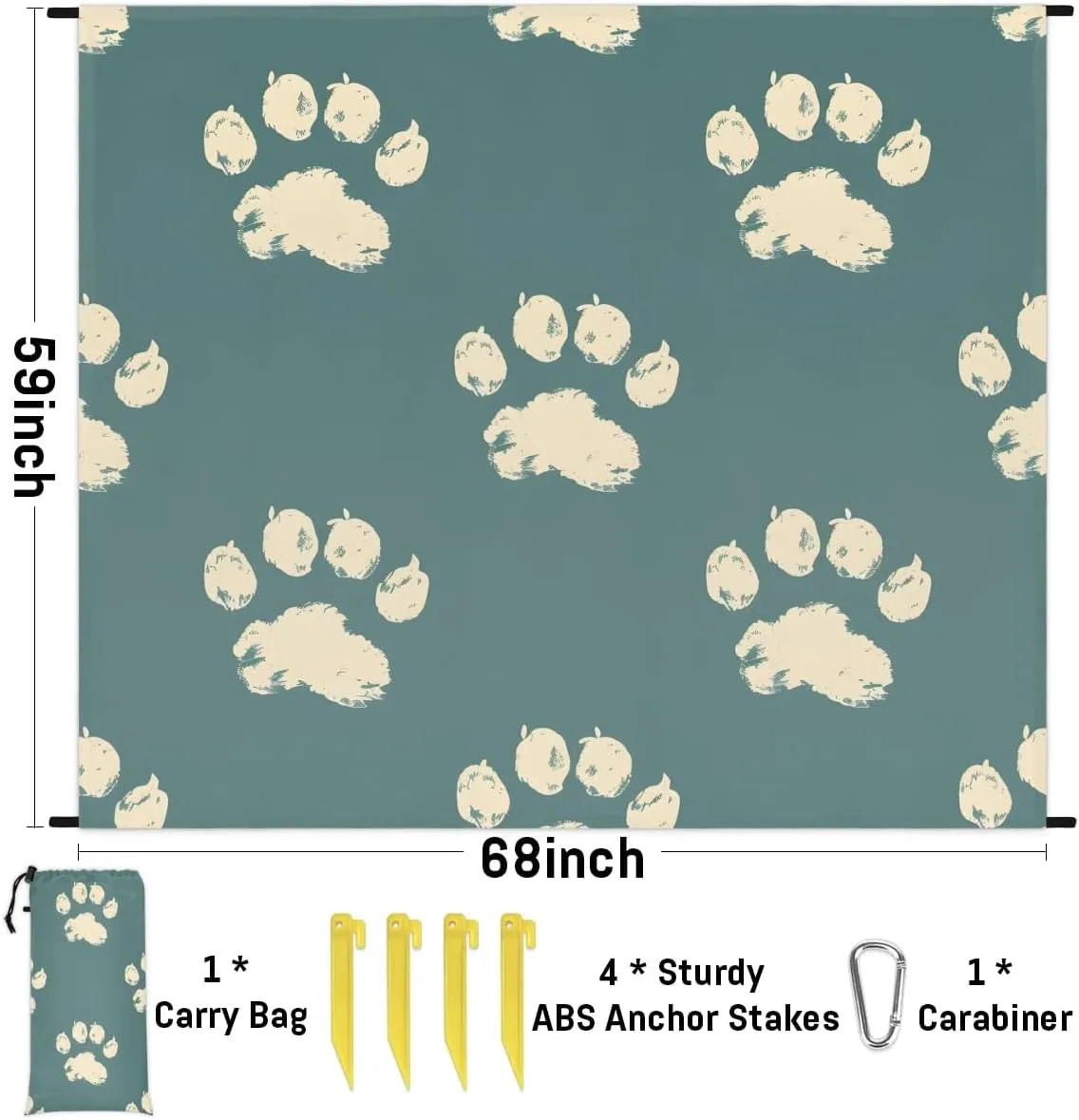 Pawprint Animal Paw Beach Blanket, Sandproof Beach Mat, 68 x 59 Waterproof Quick Drying Sand Free Mat with 4 x Ground Spikes for Outdoor Travel Camping Hiking, Dog Paws