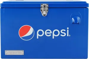 Pepsi 21-Quart Ice Chest, Small Portable Cooler, Hard-Sided Steel Metal Cooler with Built-in Bottle Opener and Handles, Pepsi Blue