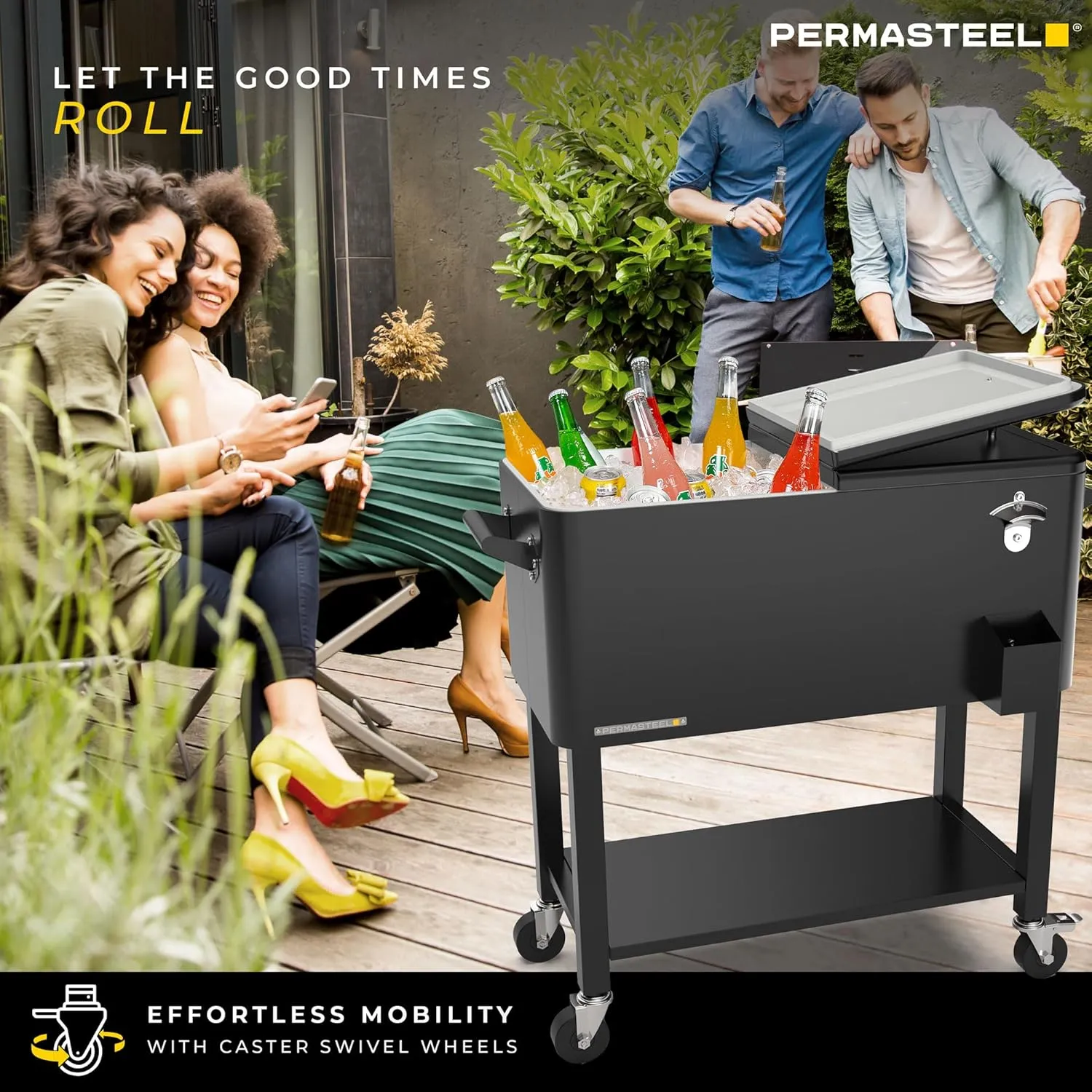 Permasteel 80-Qt Large Outdoor Patio Cooler with Wheels & Handles, Portable Rolling Ice Cooler Cart with Detachable Basin, Stand & Bottom Storage Shelf for Outdoor Entertaining, Black