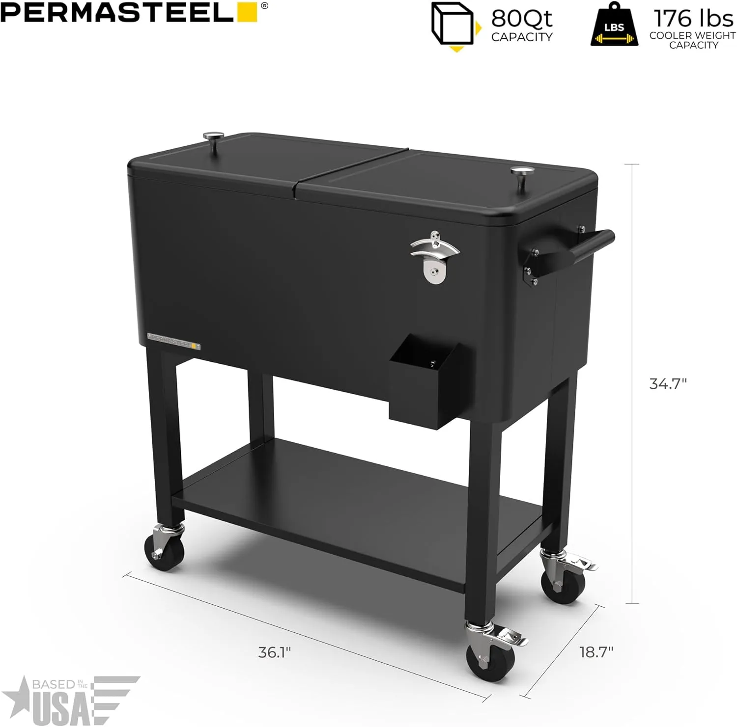 Permasteel 80-Qt Large Outdoor Patio Cooler with Wheels & Handles, Portable Rolling Ice Cooler Cart with Detachable Basin, Stand & Bottom Storage Shelf for Outdoor Entertaining, Black