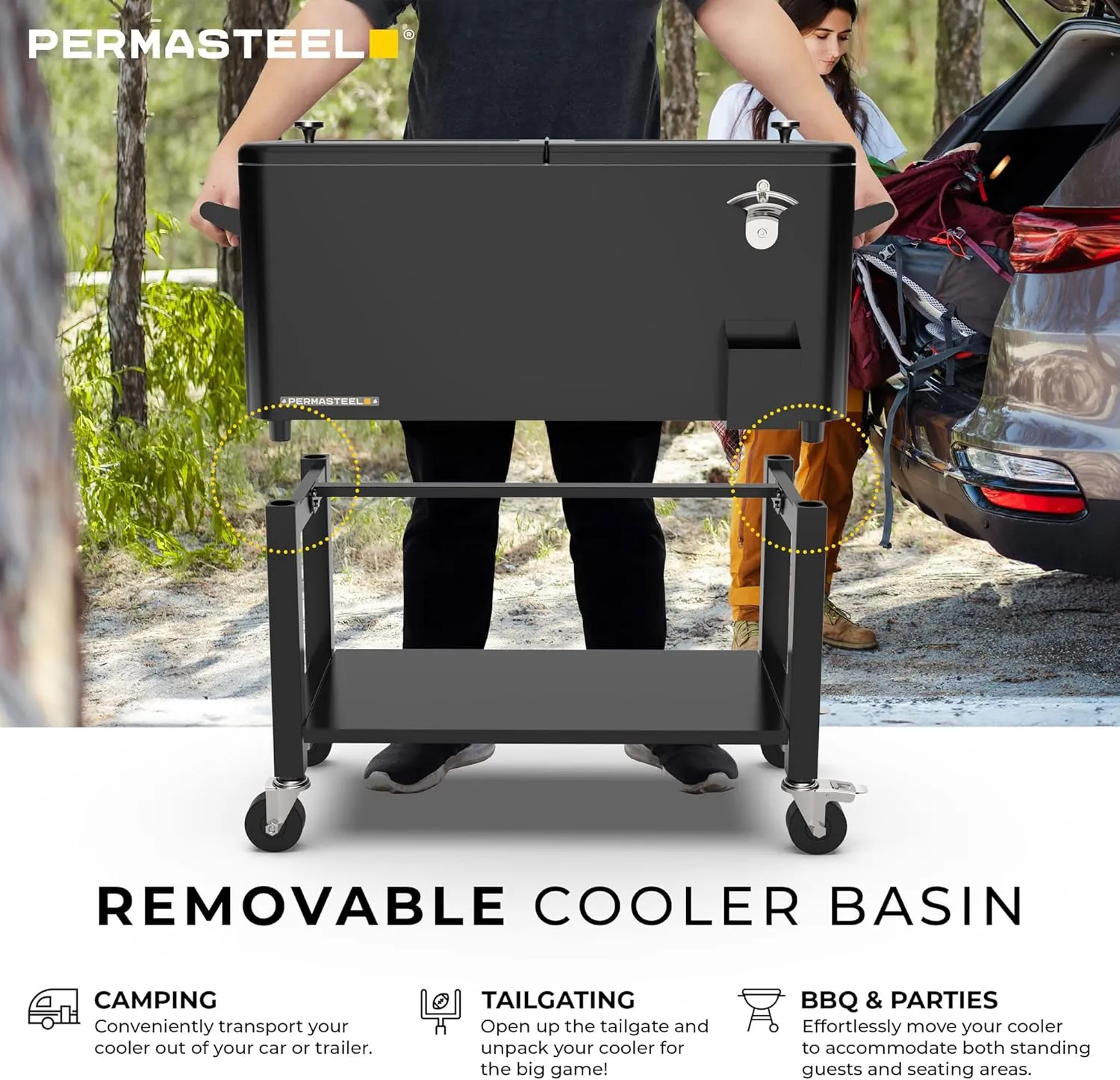 Permasteel 80-Qt Large Outdoor Patio Cooler with Wheels & Handles, Portable Rolling Ice Cooler Cart with Detachable Basin, Stand & Bottom Storage Shelf for Outdoor Entertaining, Black