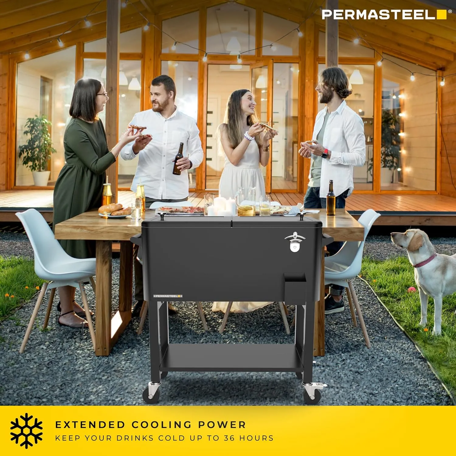 Permasteel 80-Qt Large Outdoor Patio Cooler with Wheels & Handles, Portable Rolling Ice Cooler Cart with Detachable Basin, Stand & Bottom Storage Shelf for Outdoor Entertaining, Black
