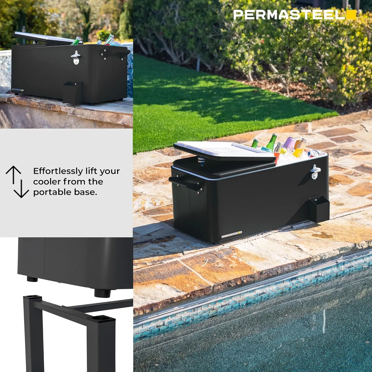 Permasteel 80-Qt Large Outdoor Patio Cooler with Wheels & Handles, Portable Rolling Ice Cooler Cart with Detachable Basin, Stand & Bottom Storage Shelf for Outdoor Entertaining, Black