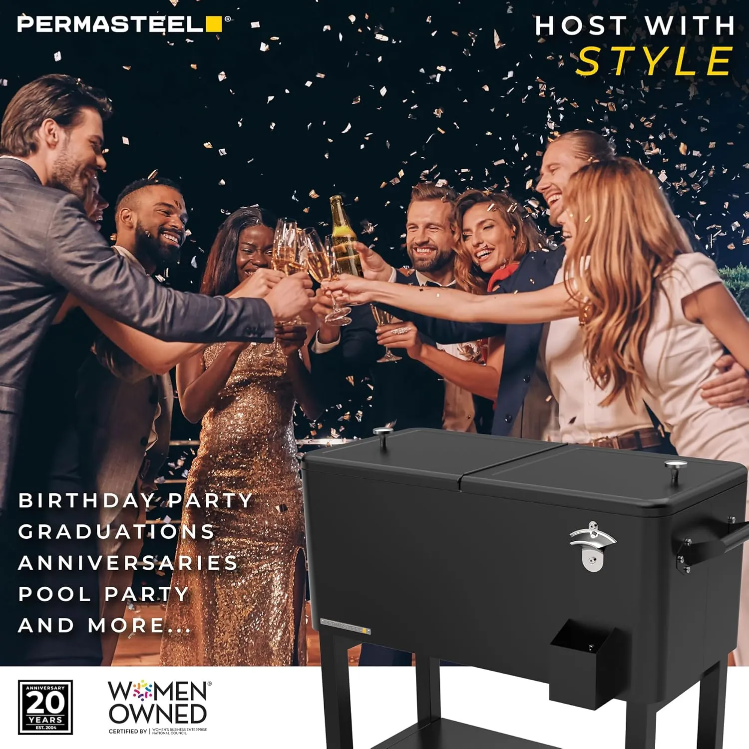 Permasteel 80-Qt Large Outdoor Patio Cooler with Wheels & Handles, Portable Rolling Ice Cooler Cart with Detachable Basin, Stand & Bottom Storage Shelf for Outdoor Entertaining, Black