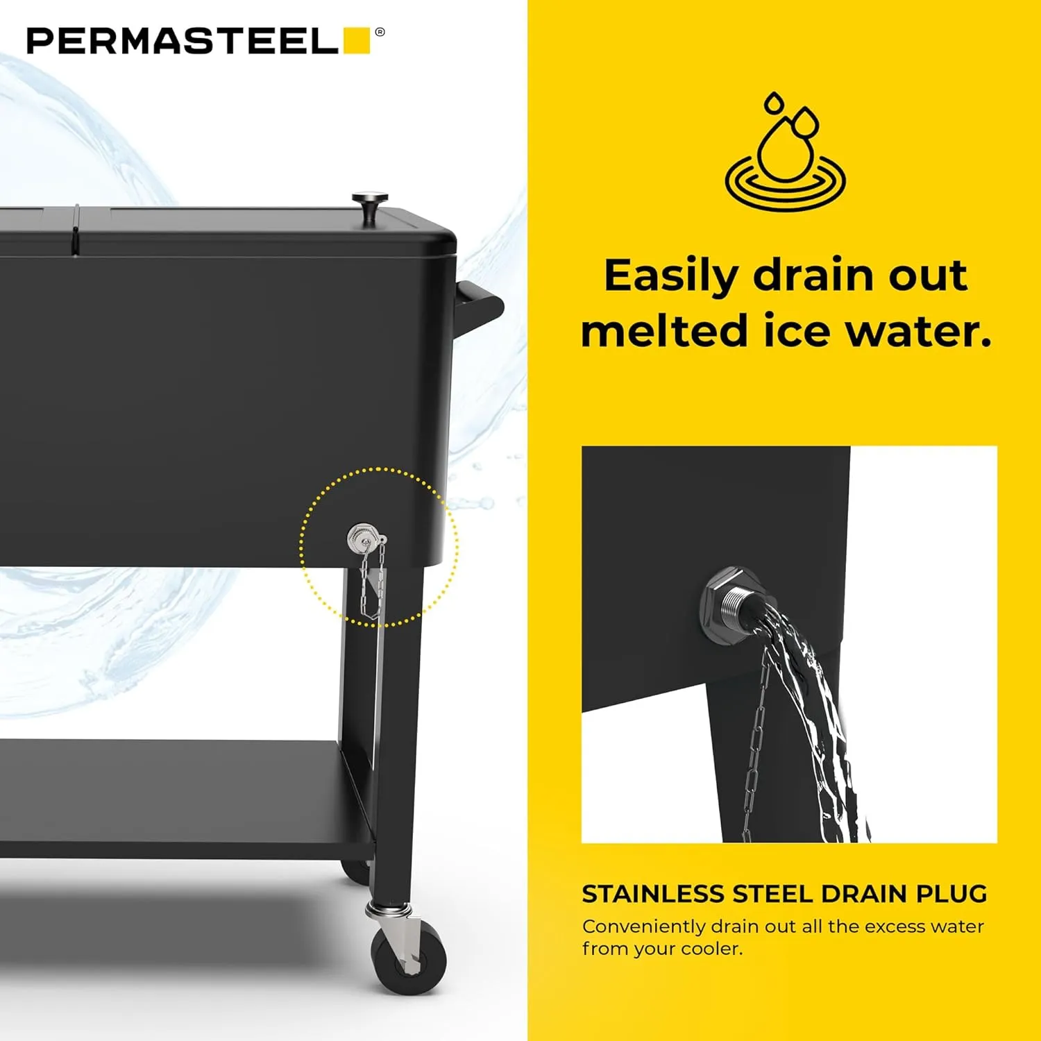 Permasteel 80-Qt Large Outdoor Patio Cooler with Wheels & Handles, Portable Rolling Ice Cooler Cart with Detachable Basin, Stand & Bottom Storage Shelf for Outdoor Entertaining, Black