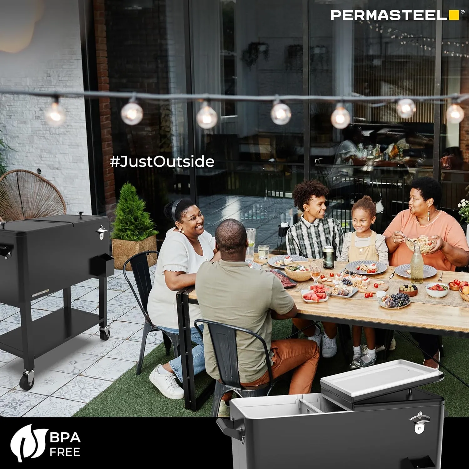 Permasteel 80-Qt Large Outdoor Patio Cooler with Wheels & Handles, Portable Rolling Ice Cooler Cart with Detachable Basin, Stand & Bottom Storage Shelf for Outdoor Entertaining, Black