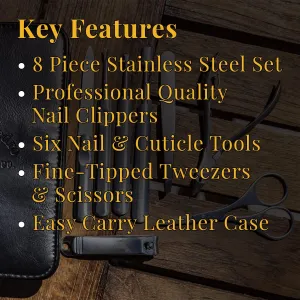 Pete & Pedro Men's 8-Piece Stainless Steel Professional Manicure Set For Men & Women | Nail Clippers, File, Cuticle Care, Scissors | Leather Travel Case, Pedicure, Grooming Kit | As Seen on Shark Tank