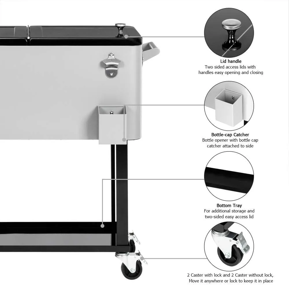 PetGirl Portable Rolling Cooler Ice Chest Cart Trolley for Outdoor Patio Deck Party Beer Cooler Cart Cover 80Quart Qt Rolling Cooler on Wheels Backyard Party Drink Beverage Bar Bottle Opener
