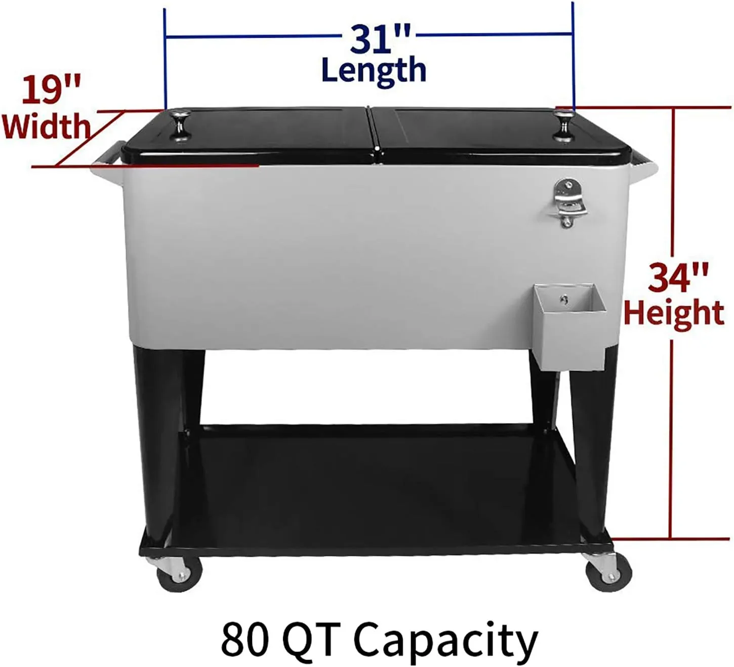 PetGirl Portable Rolling Cooler Ice Chest Cart Trolley for Outdoor Patio Deck Party Beer Cooler Cart Cover 80Quart Qt Rolling Cooler on Wheels Backyard Party Drink Beverage Bar Bottle Opener