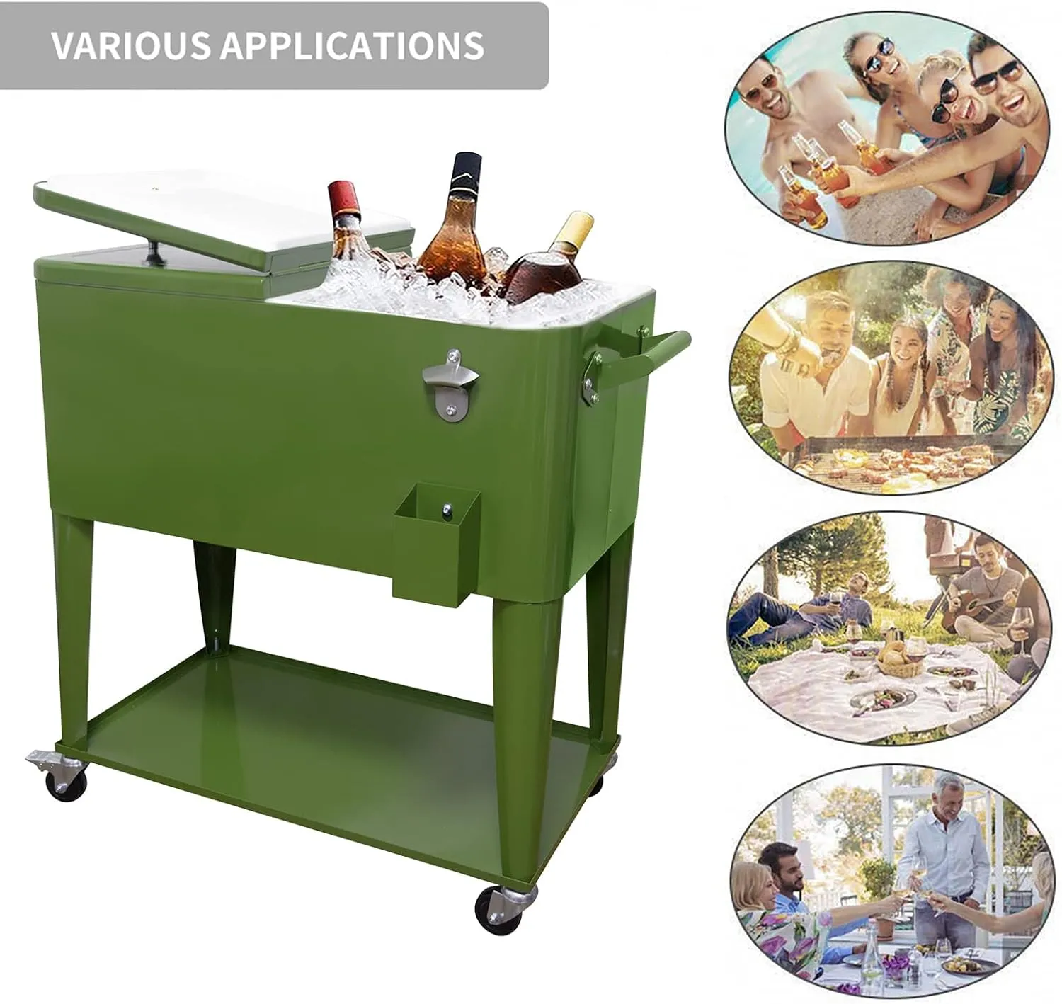 PetGirl Portable Rolling Cooler Ice Chest Cart Trolley for Outdoor Patio Deck Party Beer Cooler Cart Cover 80Quart Qt Rolling Cooler on Wheels Backyard Party Drink Beverage Bar Bottle Opener