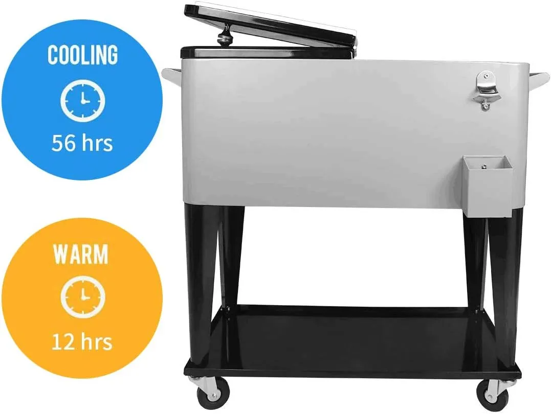 PetGirl Portable Rolling Cooler Ice Chest Cart Trolley for Outdoor Patio Deck Party Beer Cooler Cart Cover 80Quart Qt Rolling Cooler on Wheels Backyard Party Drink Beverage Bar Bottle Opener