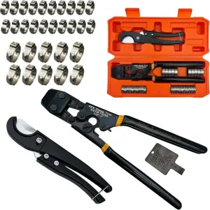 PEX Pipe Clamp Cinch Tool Crimping Tool Crimper for Stainless Steel Clamps from 3/8-inch to 1-inch with 1/2-inch 20PCS and 3/4-inch 10PCS SS PEX Clamps,with Pipe Cutter in Plastic Box