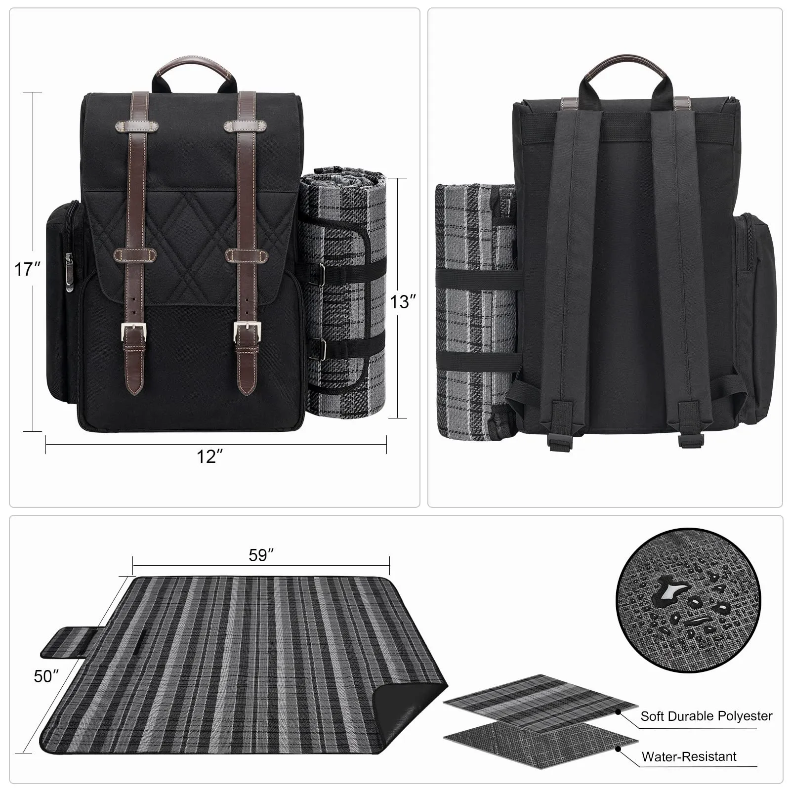 Picnic Backpack for 4 Person with Large Insulated Cooler Bag-Black
