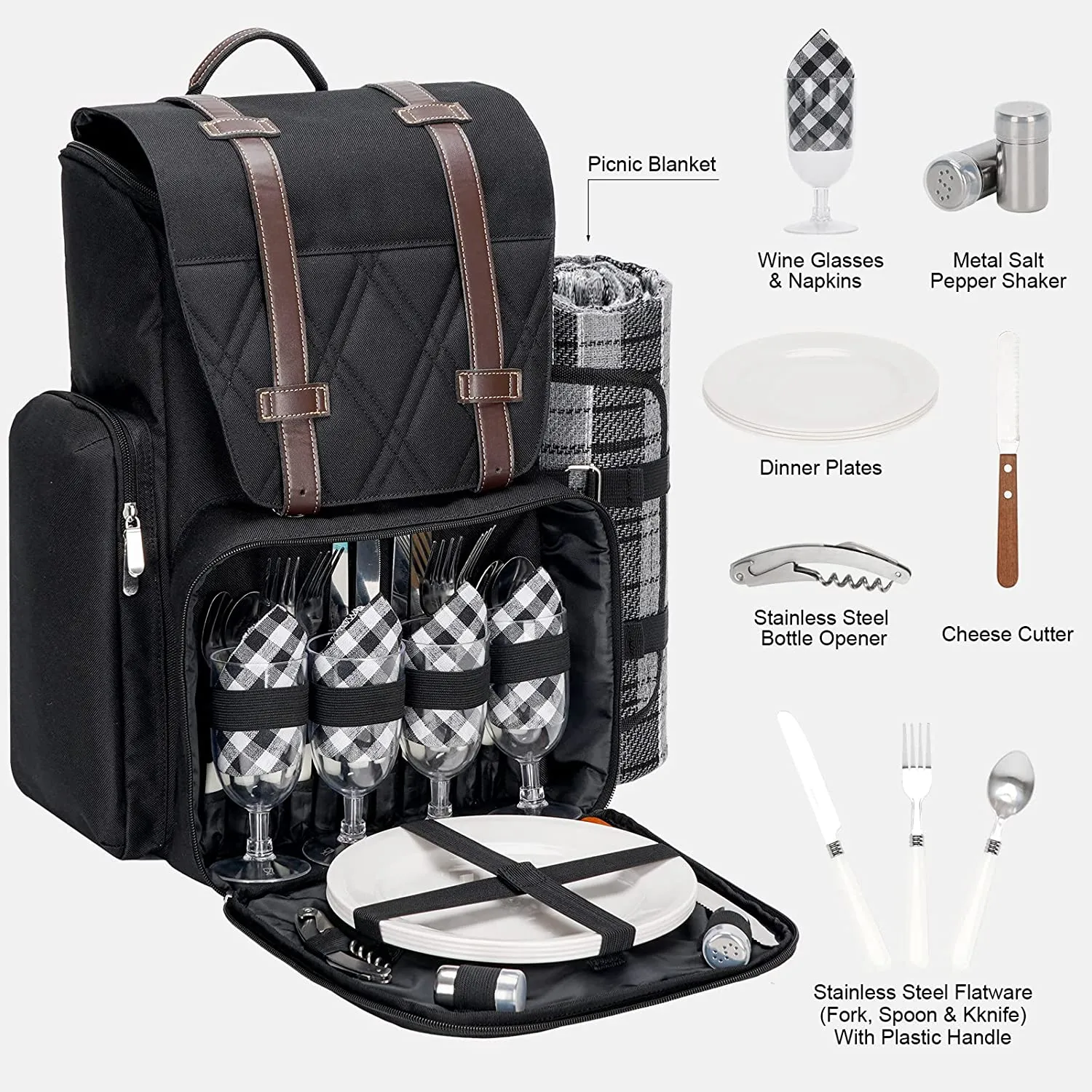 Picnic Backpack for 4 Person with Large Insulated Cooler Bag-Black
