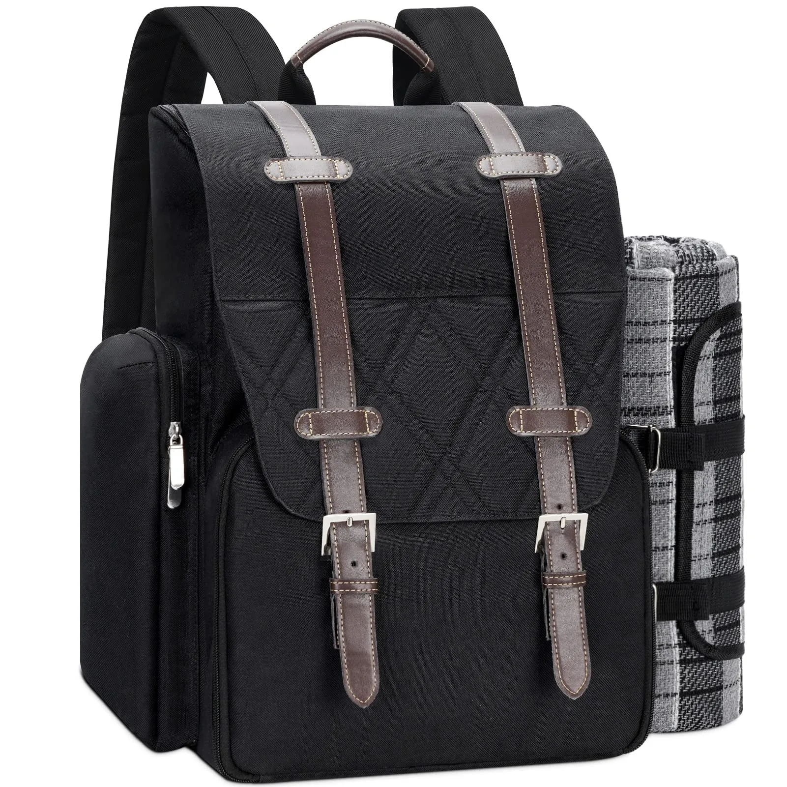 Picnic Backpack for 4 Person with Large Insulated Cooler Bag-Black