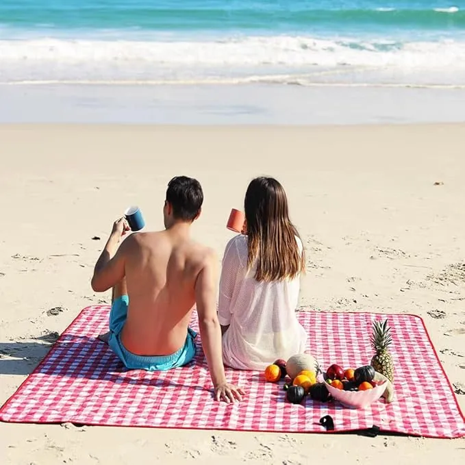 Picnic Blanket|Beach Mat|Picnic Blanket for Indoor and Outdoor, 80" x 57" Sandproof Waterproof Larger Mat for Beach, Travel, Camping, Hiking, Park Grass,Handy Mat Tote, Foldable. (Red Plaids) …
