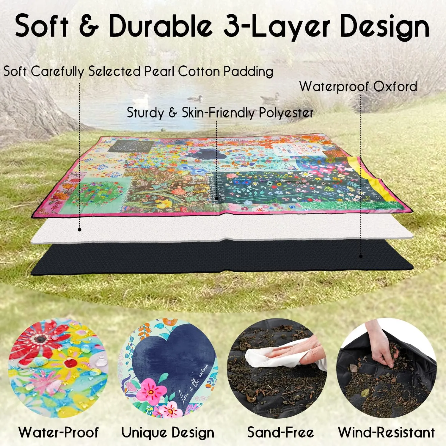 Picnic Blankets Waterproof Foldable Extra Large,80"x 60" Outdoor Beach Blanket Waterproof Sandproof,3-Layer Lightweight Handy Mat Tote Picnic Camping Rugs for Outside Your Rv(Boho Flowers)
