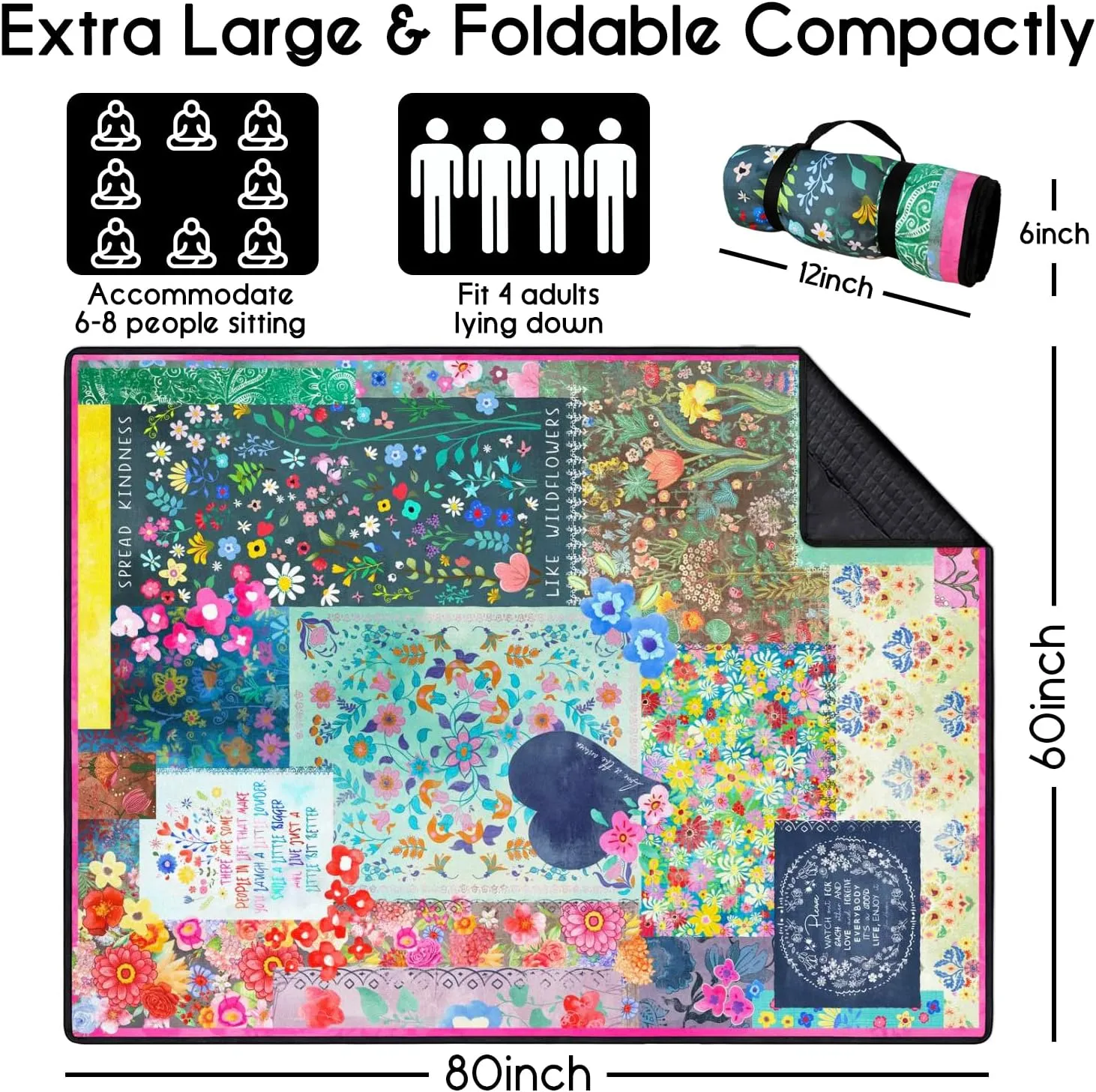 Picnic Blankets Waterproof Foldable Extra Large,80"x 60" Outdoor Beach Blanket Waterproof Sandproof,3-Layer Lightweight Handy Mat Tote Picnic Camping Rugs for Outside Your Rv(Boho Flowers)