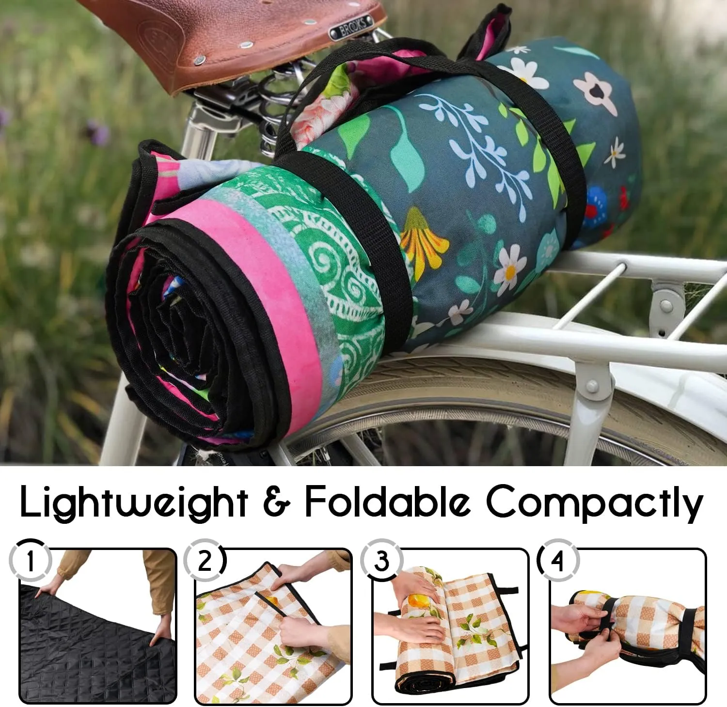Picnic Blankets Waterproof Foldable Extra Large,80"x 60" Outdoor Beach Blanket Waterproof Sandproof,3-Layer Lightweight Handy Mat Tote Picnic Camping Rugs for Outside Your Rv(Boho Flowers)