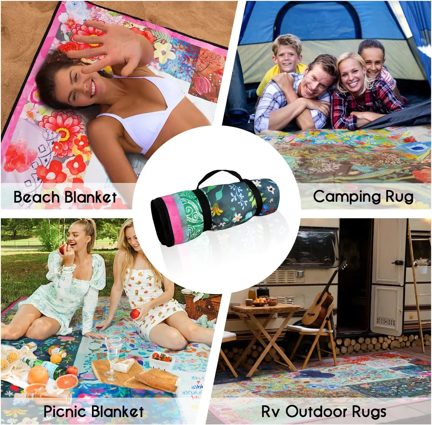 Picnic Blankets Waterproof Foldable Extra Large,80"x 60" Outdoor Beach Blanket Waterproof Sandproof,3-Layer Lightweight Handy Mat Tote Picnic Camping Rugs for Outside Your Rv(Boho Flowers)