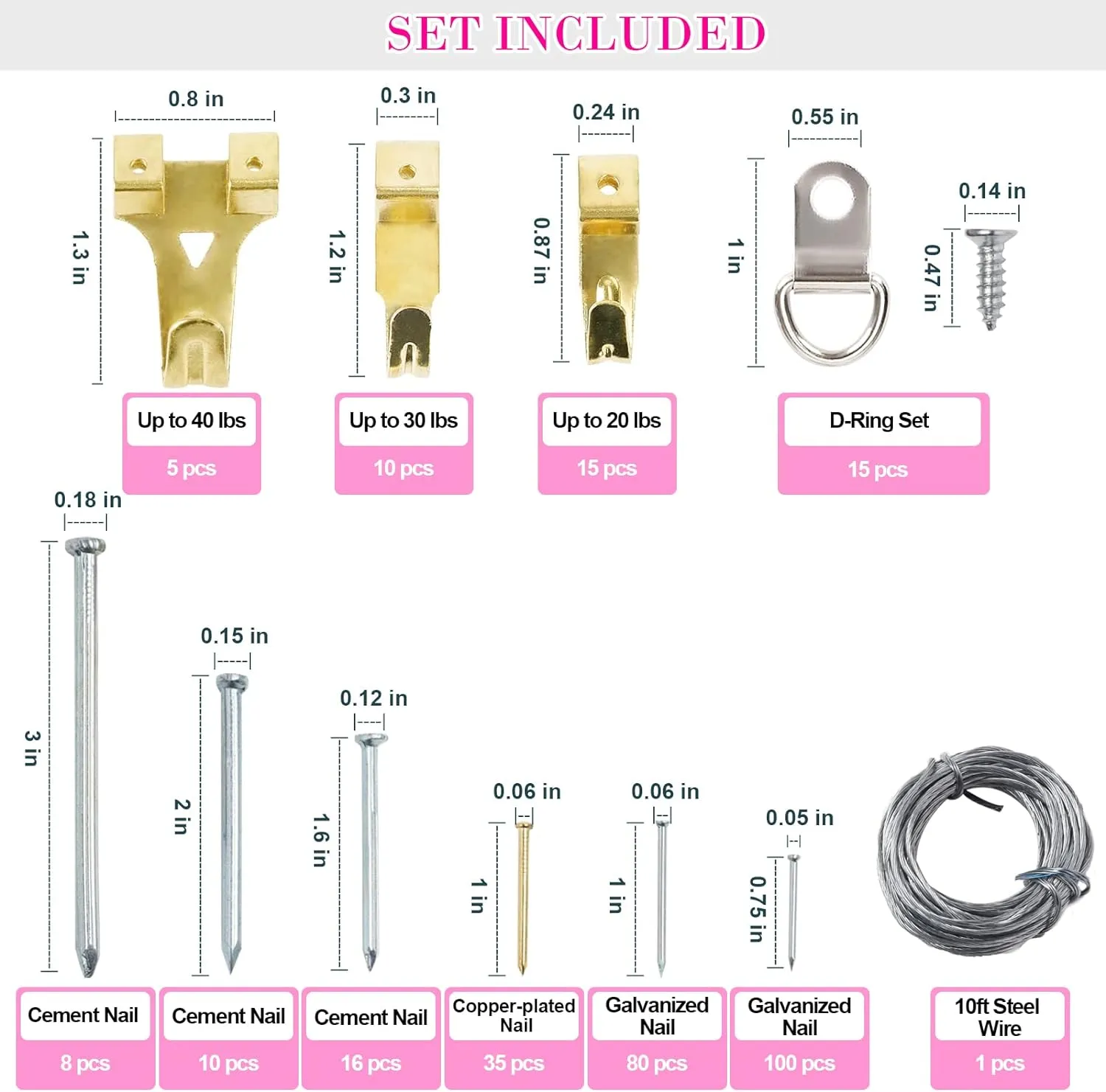Picture Hanging Kit, 315pcs Hanging Hardware with Hooks, Wire, Nails, D Ring, Wall Hanging Kit with Hangers, Magnetic Level and Small Pink Claw Hammer, nails for hanging pictures for Home Decor