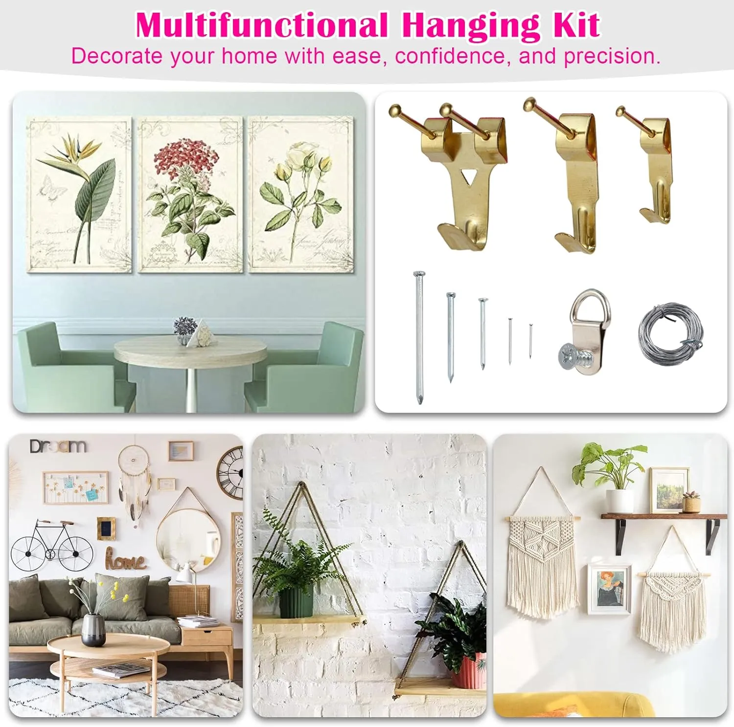 Picture Hanging Kit, 315pcs Hanging Hardware with Hooks, Wire, Nails, D Ring, Wall Hanging Kit with Hangers, Magnetic Level and Small Pink Claw Hammer, nails for hanging pictures for Home Decor