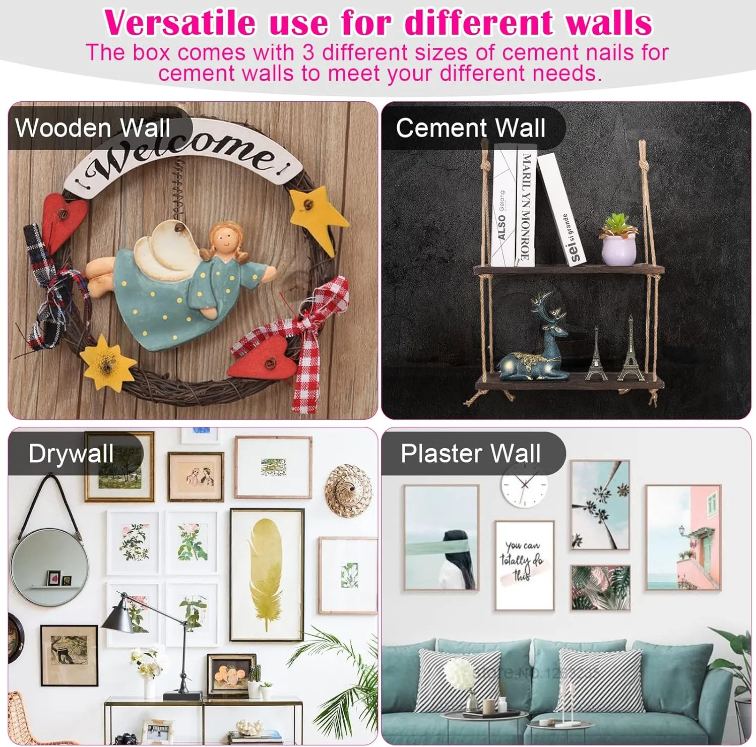 Picture Hanging Kit, 315pcs Hanging Hardware with Hooks, Wire, Nails, D Ring, Wall Hanging Kit with Hangers, Magnetic Level and Small Pink Claw Hammer, nails for hanging pictures for Home Decor