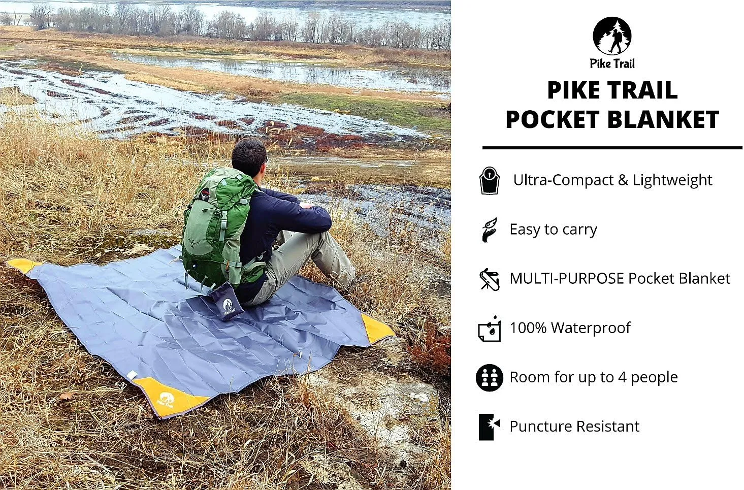 Pike Trail Pocket Beach Blanket (60 in X 56 in) – Lightweight, Sand Proof, Waterproof Picnic Blanket for Hiking, Camping, Picnics, Travel and Beach Trips