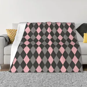 Pink Black Gray Argyle 60"X50" Flannel Blanket - 100% Soft Polyester, Lightweight and Warm, Suitable for Families, Camping, Travel