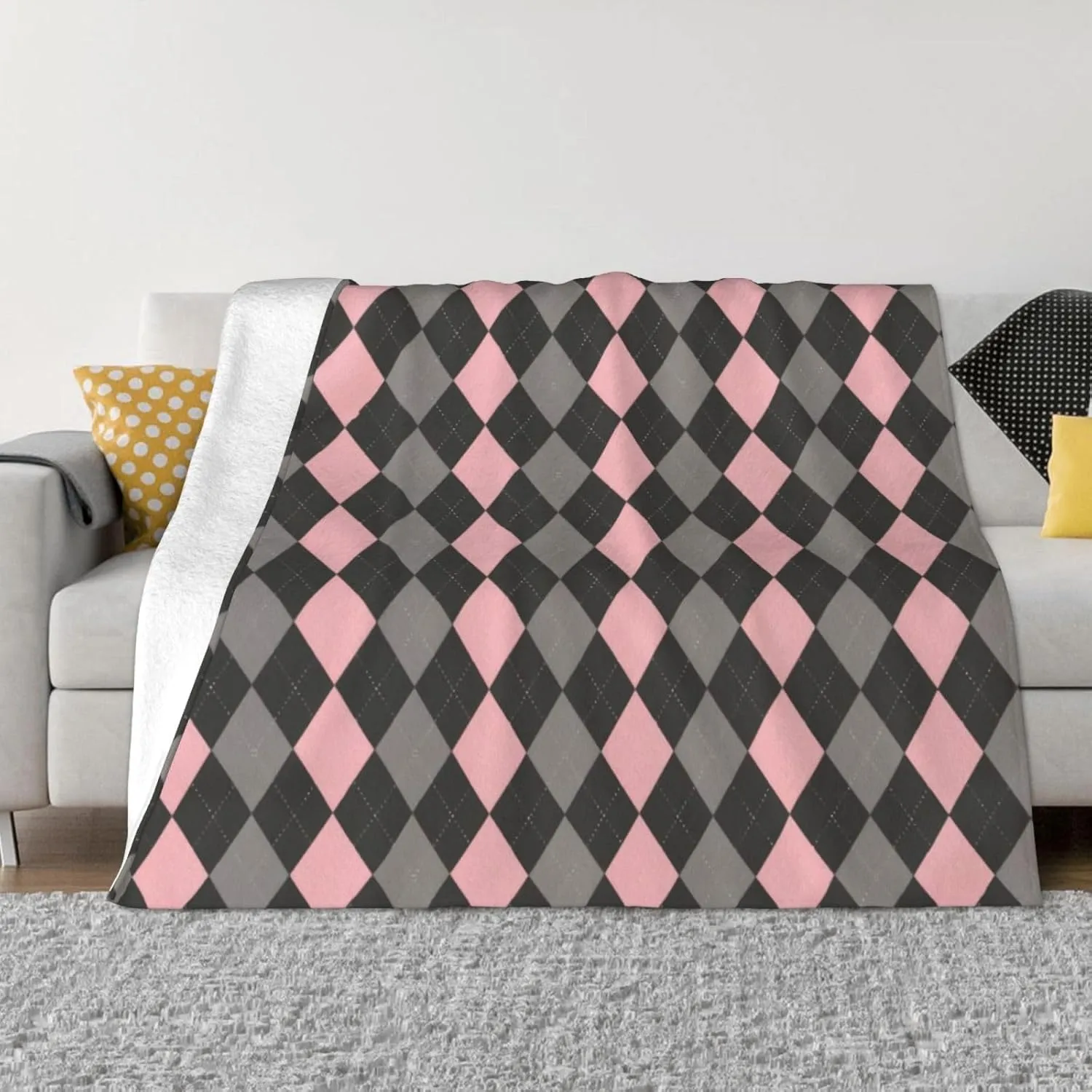 Pink Black Gray Argyle 60"X50" Flannel Blanket - 100% Soft Polyester, Lightweight and Warm, Suitable for Families, Camping, Travel