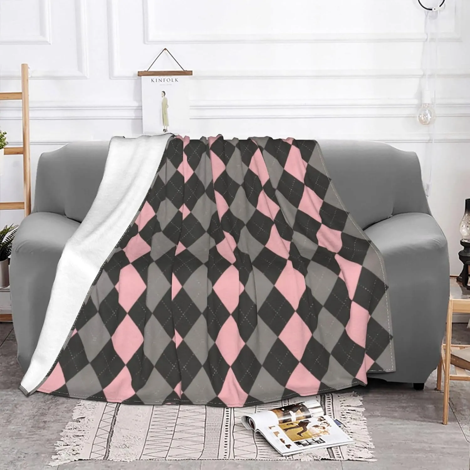 Pink Black Gray Argyle 60"X50" Flannel Blanket - 100% Soft Polyester, Lightweight and Warm, Suitable for Families, Camping, Travel