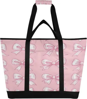Pink Bows Reusable Insulated Cooler Bag with Ice Pack Compartment - Large 47L Waterproof Thermal Grocery Tote for Picnic Beach Camping Lunch Storage