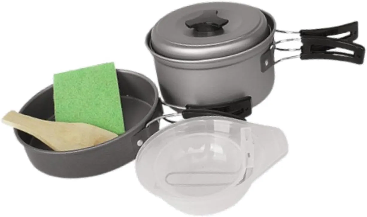pistro Camping Cookware Mess Kit, Portable Outdoor Cooking Gear with Frying Pan, Soup Pot, Bowls, Folding Spoon, Spade & Dishwashing Sponge for Camping, Picnic, Hiking