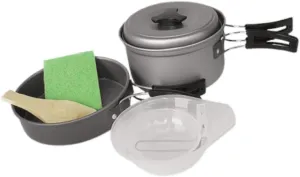 pistro Camping Cookware Mess Kit, Portable Outdoor Cooking Gear with Frying Pan, Soup Pot, Bowls, Folding Spoon, Spade & Dishwashing Sponge for Camping, Picnic, Hiking