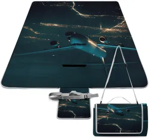 Plane Flying at Night Picnic Blanket Outdoor, Oversized Beach Blanket, Foldable Lightweight Waterproof Sand Cushion Suitable for Beaches, Camping Grasslands Mat
