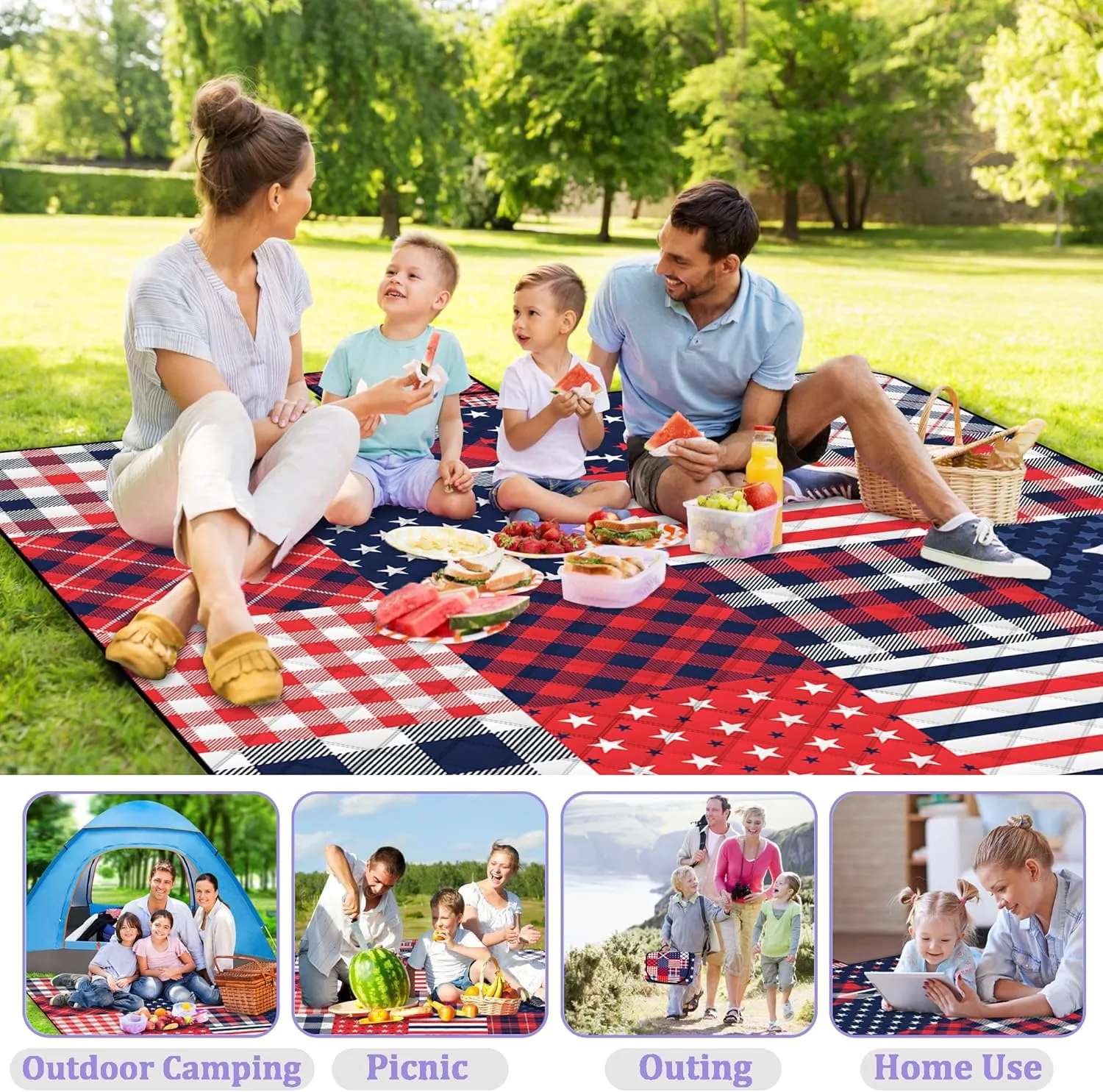 Poedist Extra Large Picnic Blanket Waterproof,80"x 80"Foldable Machine Washable Beach Blanket,Outdoor Blanket for 6-8 Adults,Suitable for Indoor Crawling,Park,Camping,Hiking,Family Travel(Patriotic