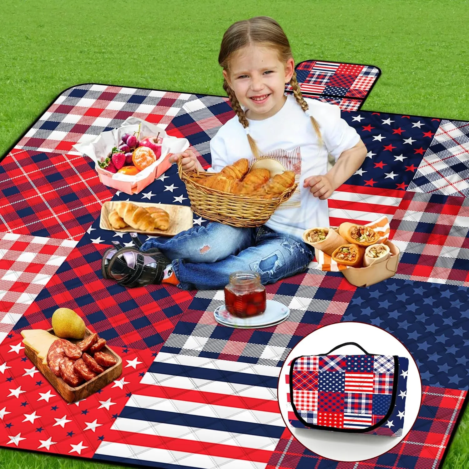 Poedist Extra Large Picnic Blanket Waterproof,80"x 80"Foldable Machine Washable Beach Blanket,Outdoor Blanket for 6-8 Adults,Suitable for Indoor Crawling,Park,Camping,Hiking,Family Travel(Patriotic
