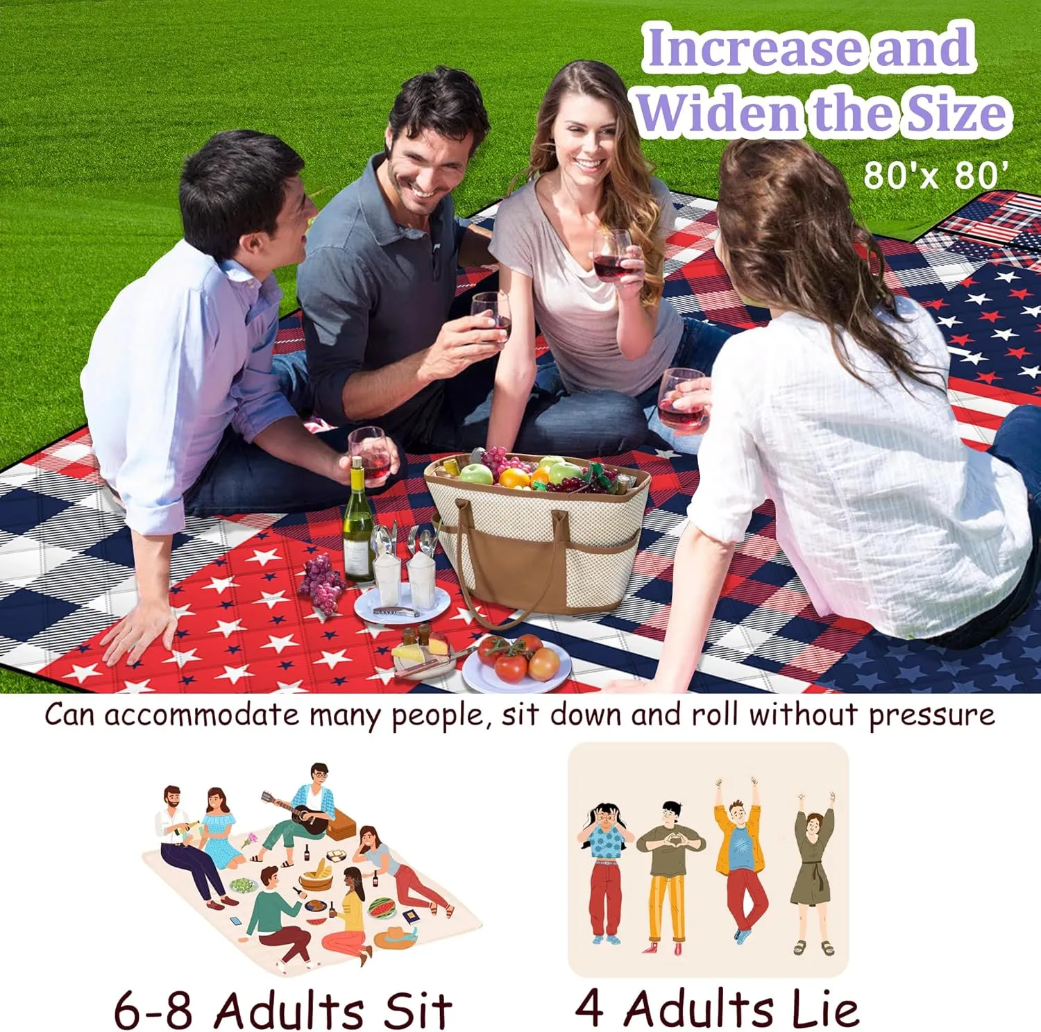 Poedist Extra Large Picnic Blanket Waterproof,80"x 80"Foldable Machine Washable Beach Blanket,Outdoor Blanket for 6-8 Adults,Suitable for Indoor Crawling,Park,Camping,Hiking,Family Travel(Patriotic