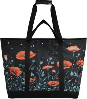 Poppy Flower Reusable Insulated Lunchbox Cooler Bag, Leakproof Kitchen Grocery Bag Collapsible Portable Cooler Tote Bag for Picnic, Camping, Office, Travel