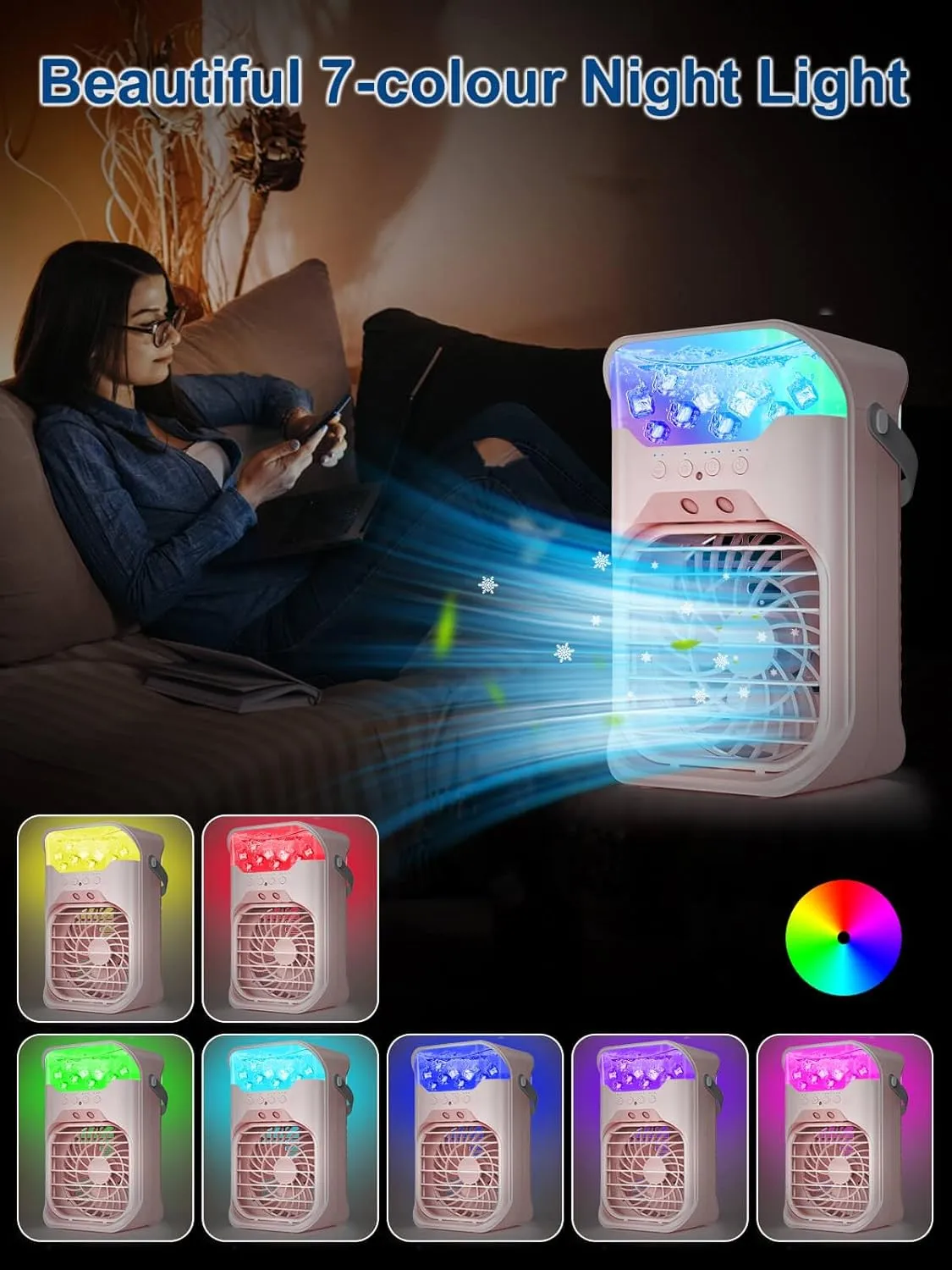 Portable Air Conditioner, 1500ML, Removable & Washable Fan Blades, Timer Function, 4 Speeds, 2 Cool Mists, 7-Color Light, Personal Evaporative Air Cooler for Home, Office, Bedroom, and Camping-Pink