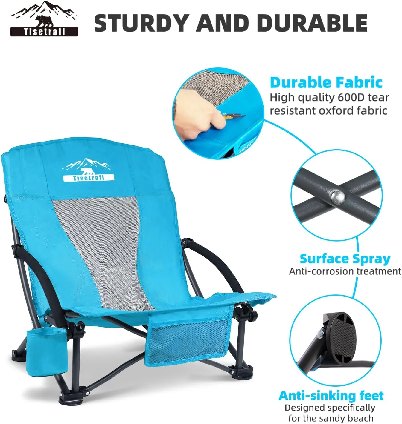 Portable Beach Chairs with Cooler Bag & Cup Holder - Set of 2 Lightweight Low-Back Folding Chairs (300lbs Capacity, Blue)