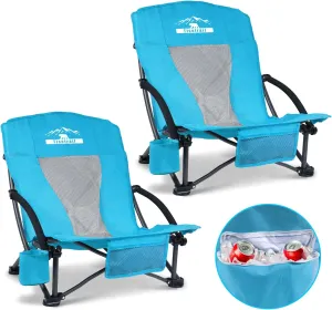 Portable Beach Chairs with Cooler Bag & Cup Holder - Set of 2 Lightweight Low-Back Folding Chairs (300lbs Capacity, Blue)