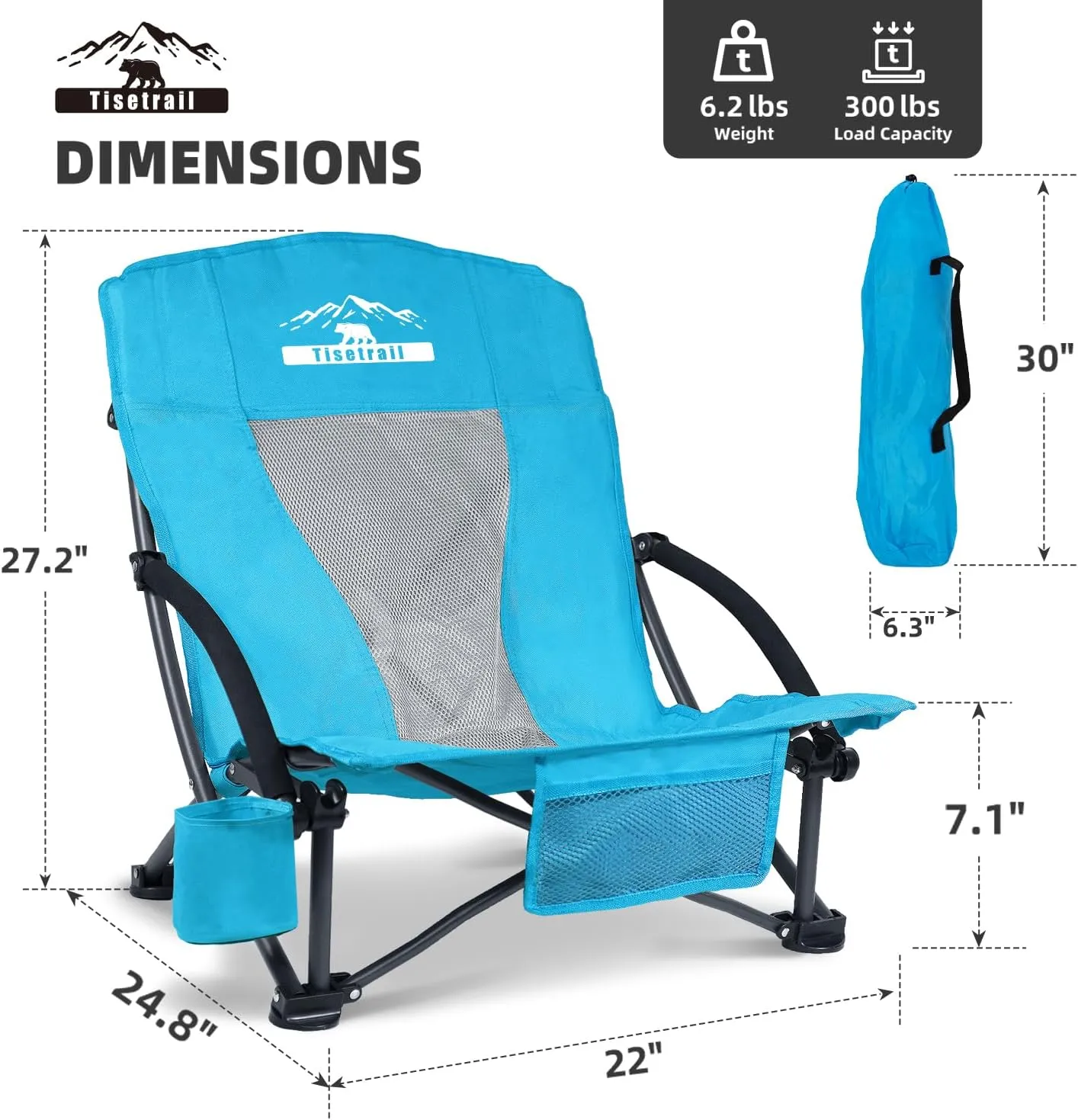 Portable Beach Chairs with Cooler Bag & Cup Holder - Set of 2 Lightweight Low-Back Folding Chairs (300lbs Capacity, Blue)