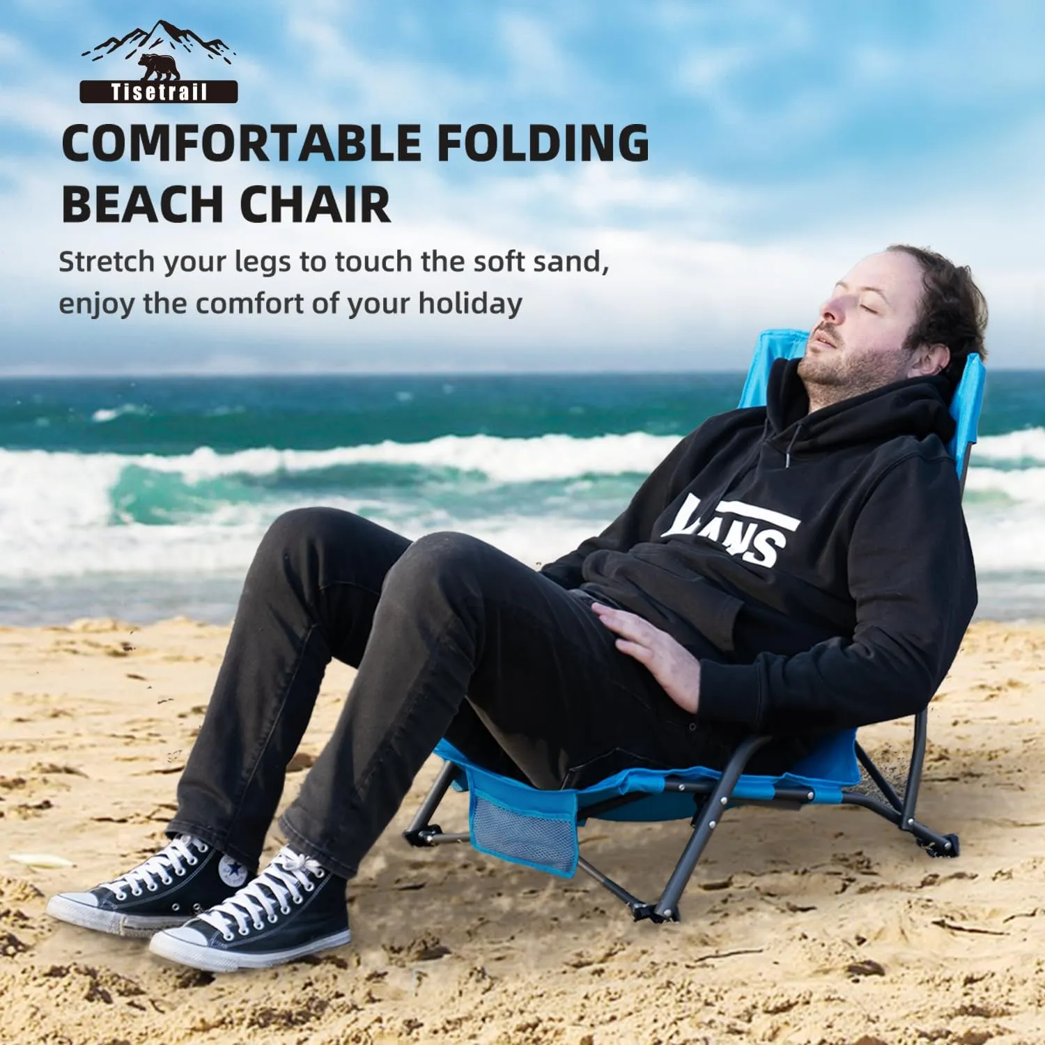 Portable Beach Chairs with Cooler Bag & Cup Holder - Set of 2 Lightweight Low-Back Folding Chairs (300lbs Capacity, Blue)