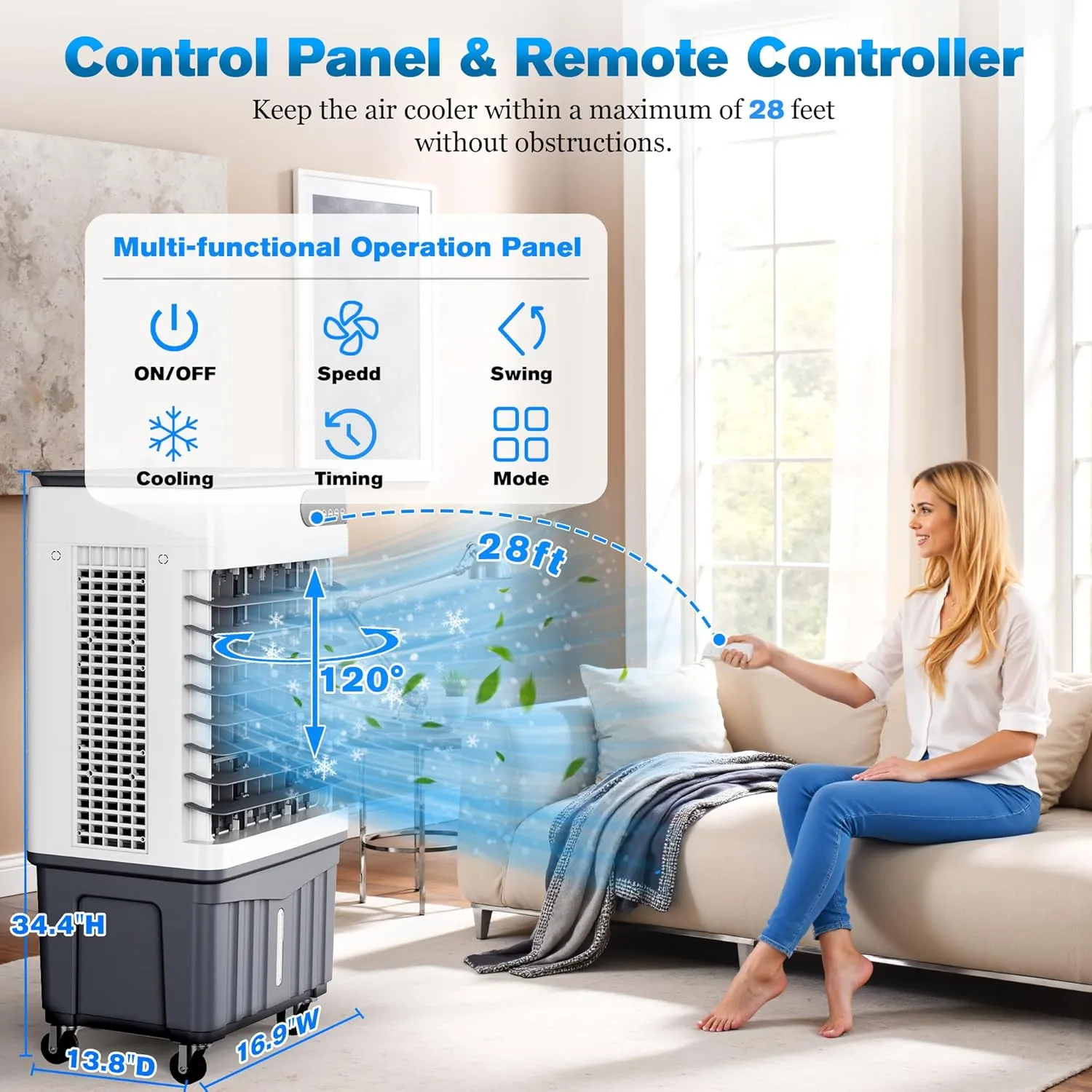 Portable Evaporative Air Cooler, 2500 CFM Swamp Cooler with Large 8 Gal Water Tank & 4 Oversized Ice Box, 120° Swing, Upgraded Remote, 12H Timer, 4-in-1 Air Cooling Fan for Outdoor Indoor, 34 inch
