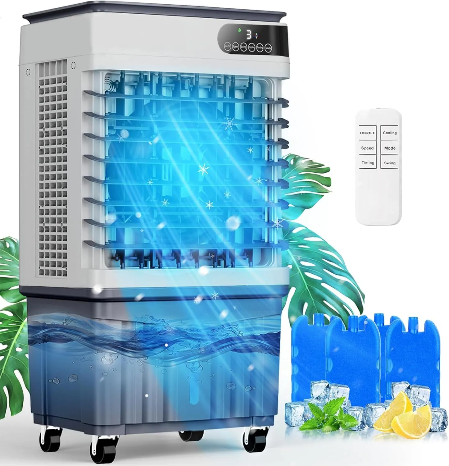 Portable Evaporative Air Cooler, 2500 CFM Swamp Cooler with Large 8 Gal Water Tank & 4 Oversized Ice Box, 120° Swing, Upgraded Remote, 12H Timer, 4-in-1 Air Cooling Fan for Outdoor Indoor, 34 inch